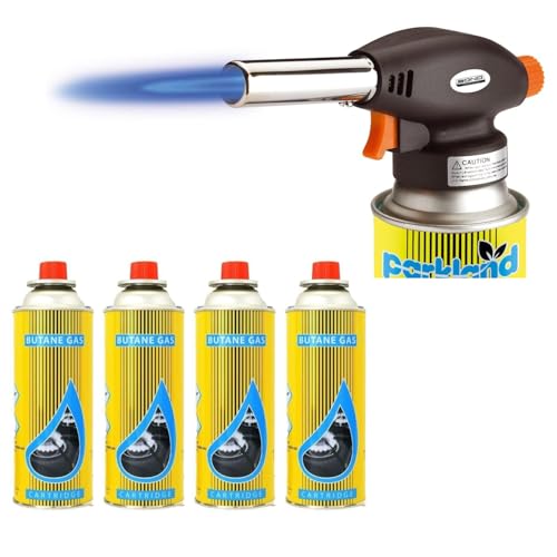 Blow Torch with 4 Butane Gas Cans – Auto Ignition, Adjustable Flame, Kitchen Blow Torch with Heat Capacity of Upto 1300° C, Flamethrower Soldering Torch Lighter for Camping, Cooking, Kitchen & BBQ