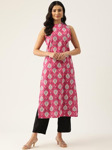 Image of feranoid Unique Printed Choker Neck Back Button Sleeveless Long Kurti