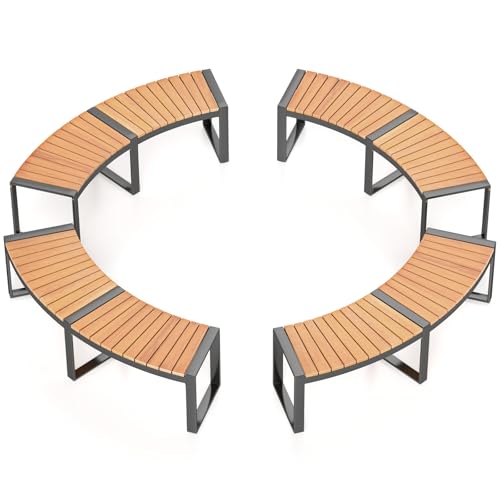 Tangkula Patio Curved Bench Set of 4 Acacia Wood Fire Pit Bench w/Slatted Seat & Metal Legs Outdoor Backless 2-Person Seating for Yard Garden Porch 800 LBS Max Load Oil Painted