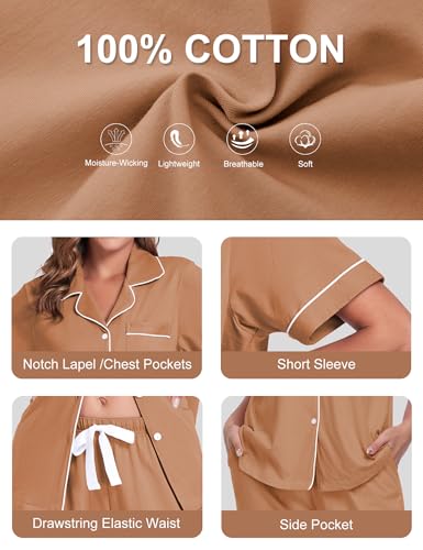 Image of COLORFULLEAF Women's 100% Cotton Pajamas Set Button Down Sleepwear Short Sleeve Shirt and Long Pants Soft Ladies Lounge Sets