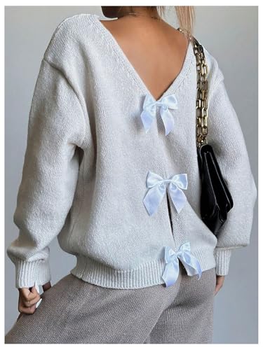 GORGLITTER Women's Bow Tie Backless Chunky Sweater Cut Out Long Sleeve Crewneck Oversized Fall Knitwear Tops2