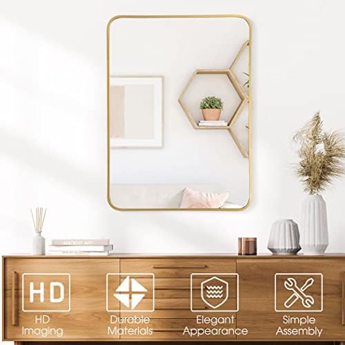 COSTWAY Rectangular Wall Mirror, Metal Frame Makeup Shaving Bathroom Mirrors, Modern Large Vertical/Horizontal Hanging Vanity Mirror for Bedroom, Living Room and Entryway (Gold, 77 x 57cm)