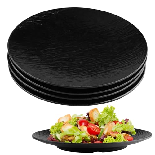 suaywo Juego de 4 platos llanos negros, reutilizables, platos de ensalada, 20,2 cm de diámetro, color negro, juego de platos de melamina, ideal para barbacoa, desayuno, almuerzo y cena