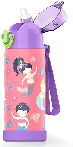 Cute Vacuum Insulated Water Bottle with Straw for School Girls Boys, Durable Stainless Steel, Leak Proof One Click Open Soft Straw, Protective Silicone Boot, 470ml - Mermaid