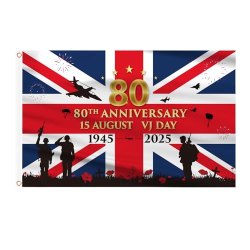 AhfuLife 2025 VJ Day 80° Anniversario Bandiera 0,9 m x 1,5 m, 2 pezzi grande 80 anni VJ Day bandiere 80° decorazioni memorabilia bandiera 80 anni vittoria in Giappone RAF 1945-2025 decorazioni UK (VJ