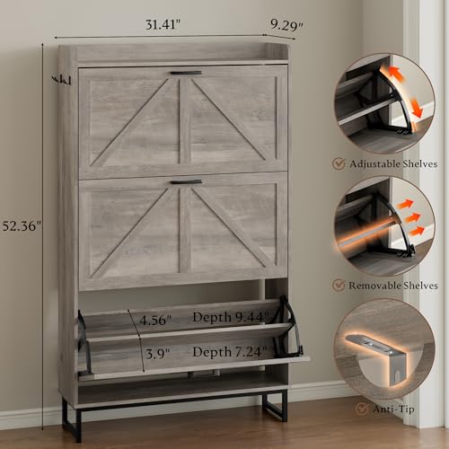Image of BORNOON Shoe Cabinet with 3 Flip Drawers Narrow Shoe Storage Cabinet Organizer Wooden Freestanding Shoe Rack Hidden Slim Shoes Storage Cabinet for Entryway, Hallway, Living Room, Bedroom