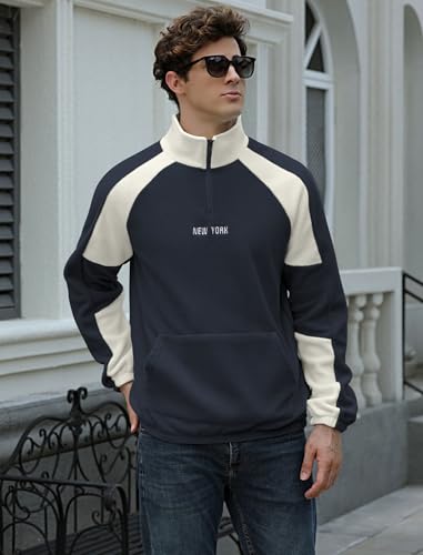 ZAFUL Men's Polar Fleece Sweatshirt NEW YORK Embroidered Quarter Zip Kangaroo Pocket Colorblock Stand Collar Pullover (0-Deep Blue, L)4