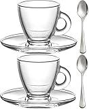 Espresso Cups, 3.2-Ounce. Small Demitasse Clear Glass Espresso Drinkware, Set Of 2 Cups, Saucers and Stainless Steel mini Spoons, Hostess, Coffee Lover/Enthusiast,