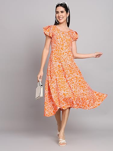 Image of Dream Beauty Fashion Women's Polyester Printed A-line Round Neck Bell Sleeve Knee-Long Dress (Elora-Dress-01)