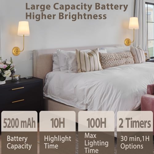 Image of Rechargeable Wall Sconces Set of 2,Battery Operated Brass Wall Sconce with Dimmable Bulb and Remote Control,Cordless Wall Sconce Lights for Living Room Decor