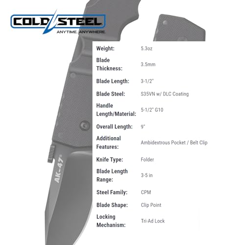 COLD STEEL AK-47 3.5" S35VN Razor-Sharp Clip Point Blade 5.5" G-10 Handle Tactical Folding Knife w/Tri-Ad Lock, Ambidextrous Pocket/Belt Clip by Cold Steel - Image 5
