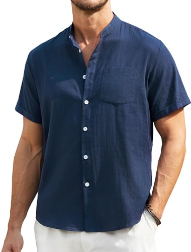 Enlision Camicia Lino Uomo Maniche Corte Estiva Camicia Coreana di Lino Cotone Henley Shirt con Bottoni Libero Camicie Blu Navy Uomo per Estate Spiaggia Taglie Forti XXL