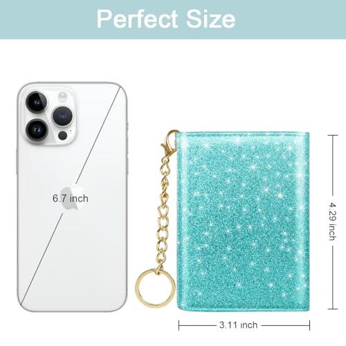 Image of Trifold Small RFID Blocking Wallet Pocket Cute Short Slim Sparkling Credit Card Holder Leather Keychain Ladies Mini Purse with ID Window, Glitter Blue Green