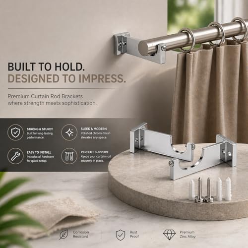 Image of Elite Aluminum Curtain Rod Brackets - Heavy-Duty Wall Mount Clamps for Curtain Rod Support for Door and Window Curtain Rods with Screw and Wall Plug - Pack of 2PCS (Chrome Silver)