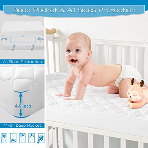 Grt 2 Pack Waterproof Crib Mattress Protector, Quilted Baby Mattress Cover Fitted Deep Pocket From 4" Up To 9", Extra Soft Breathable & Noiseless Toddler Mattress Pad 52"X28", White #TOP3