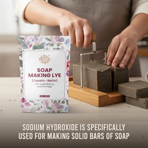 Image of Pratha LYE SODIUM HYDROXIDE (NaOH) WHITE FLAKES BIS : 9831 Caustic soda for soap making, Lye for soap making Make You Own Safe Natural Handmade Cold & Hot Processed Soaps 400gm