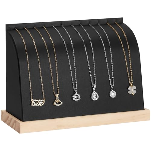 KUKUVR PU Cambered Necklace Display Stand for Women, Wood Base Jewelry Holder Rack for Necklace Pendant Bracelet Chains, Necklaces Storage Organizer Showcase for Selling Vendors exhibition (Black)