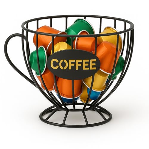Coffee Pod Holder Cup Shape – Black Wire Espresso Capsule Storage Basket for Counter or Coffee Bar – Holds 20–25 Pods – Vintage Iron Organiser for Kitchen, Tea Station, Office or Hotel Use