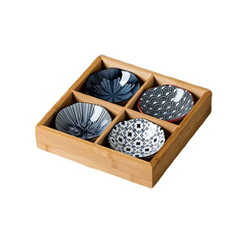 Ceramic Serving Bowls Set of 4 Dip Bowls with Bamboo Serving Plate, Ideal for Tapas, Antipasti, Sushi, Raclette or Fondue (GB6014)