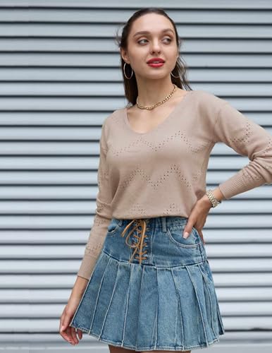 Image of Zeagoo Womens Sweaters Fall Trendy Casual Long Sleeve Shirt Lightweight V Neck Off Shoulder Crochet Pullover Top Outfit