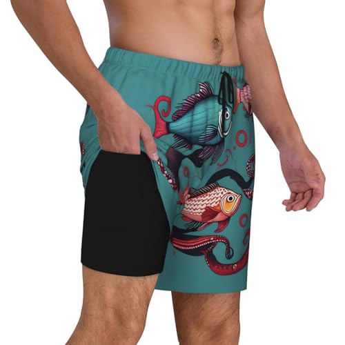 Men's Fish and Octopus Print Quick-Dry Mesh Swim Trunks Stretch Lining Beach Shorts Surfing Summer Vacations