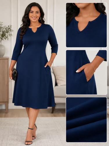Image of PinkPatty Women's Casual 3 /4 Sleeve Midi Dresses Fit and Flare Church Work Dress with Pockets