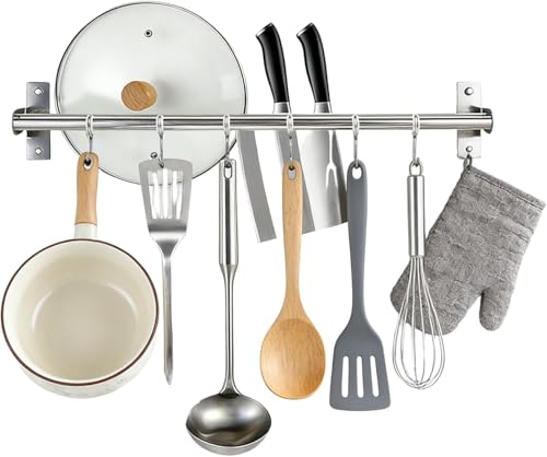 Image of Hittriu Kitchen Utensils Rack 30cm with 6 Hooks, Stainless Steel Utensil Rail Drill & No Drill, Kitchen Hooks Hanging for Utensils Pans