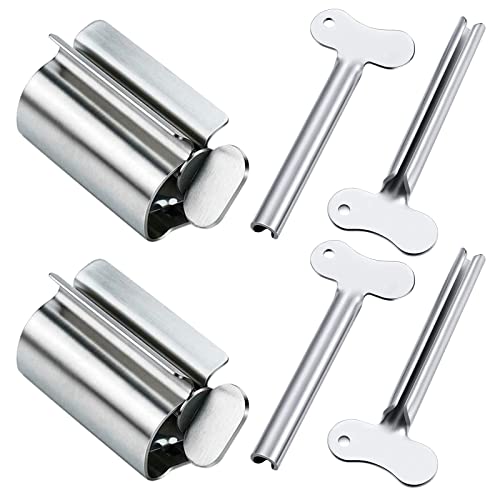 ZYNERY 6 Stück Edelstahl Zahnpasta Tubenquetscher, 2 Edelstahl Rohr sitzt mit 4 Edelstahl Schlüsselform Tubenschlüssel, Tubenpresse Toothpaste dispenser Tubenquetscher für alle Tube Cover