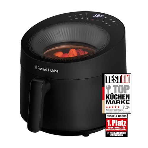 Russell Hobbs Heißluftfritteuse 5L [10 Programme|mit Sichtfenster] AirFryer (Fritteuse ohne Öl, Frittieren, Grillen, Braten, Backen, max 200°C, spülmaschinenfest, Schwarz) SatisFry Panoramic 27420-56