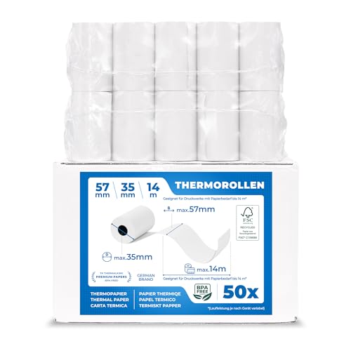 THERMALKING - Rouleau TPE Carte Bancaire 57x35x12 [sans BPA] - Bobine papier thermique 57mm- Papier Rouleaux TPE - Rouleau CB de caisse thermique 57mm x 14m x...