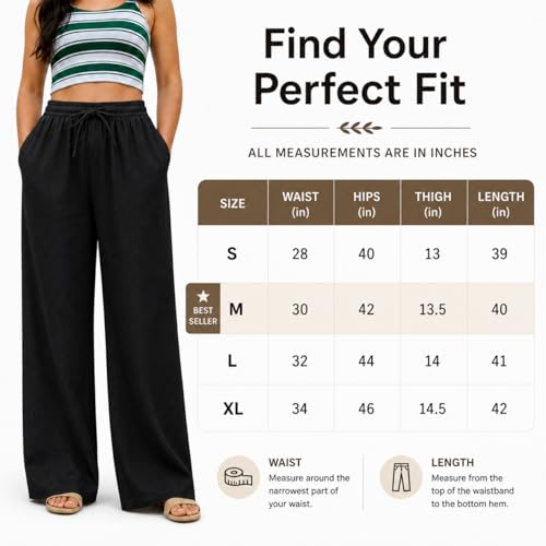 Image of Women Linen Wide Leg Pants High Waist Drawstring Elastic Waist Trousers Breathable Lightweight Summer Palazzo Pants Casual Travel Lounge Wear with Pockets