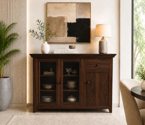 Image of Wood Kitchen Crockery Cabinet with Glass Door, Wooden Chest of Drawers, Kitchen Unit, Cabinet Storage, Sideboard Cabinet for Living Room, Walnut Finish, 45x17x35 Inches
