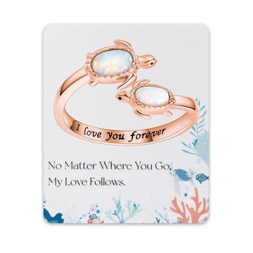 925-Sterling-Silver Opal Sea-Turtle Rings - Rose Gold Plated Inspirational Adjustable Open Nature Ocean Mother Daughter Ring Cute Animal Jewelry Gifts for Women