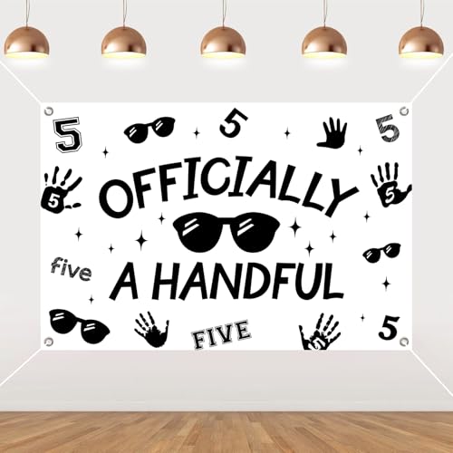 Officially a Handful 5th Birthday Backdrop Black White Officially a Handful Backdrop High Five Sunglasses Birthday Party Decor Cheers to 5 Years Old Happy 5th Birthday Party Decor Supplies for Boys