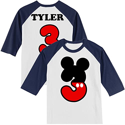 Personalized Mickey's 3rd Birthday Shirt | Handmade Decorated Shirt | Personalized with Name | Unisex 3/4 Sleeve Raglan T-Shirt | #1181