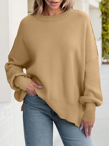 Image of ANRABESS Women Oversized Sweaters Batwing Long Sleeve 2026 Fall Outfits Crewneck Casual Knit Side Slit Fashion Pullover Top