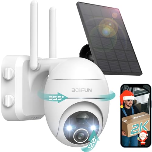 BOIFUN 【Dì Addio Alle Bollette Elettriche 2K 360° PTZ Telecamera Sorveglianza WIFI Esterno, Pannello Solare, Allarme Sonoro, Visione Notturna a Colori, Batteria di Grande Capacità