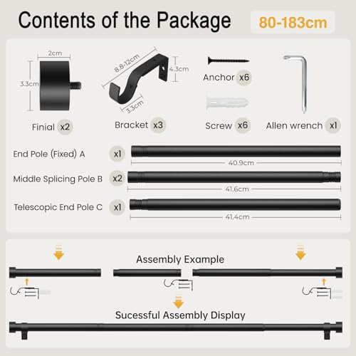 DEFYNEE Curtain Poles, 80 to 183 cm Matt Black Curtain Pole for Eyelet Curtains 25mm Diameter Long Curtain Rod Extendable with Bracket Decorative Curtain Pole for Bedroom, Living Room - Image 7