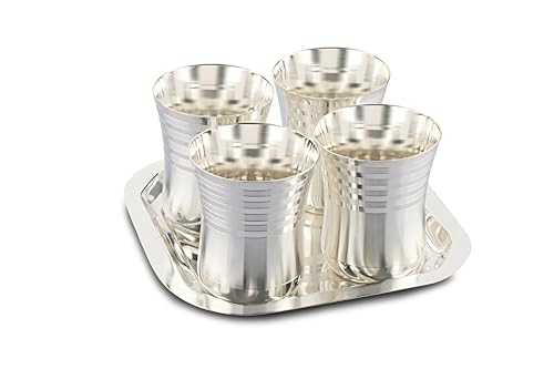 Image of Silverglow Damroo Tray Glass Set | Silver Plated Glass Set 4 with Tray | Juice, Water, Beverages Serving Set | Tableware Set | Perfect Diwali, Office, Wedding Return Gift Item