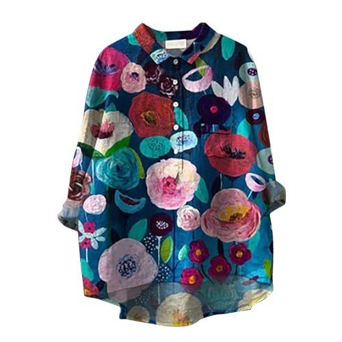 Blusa de manga larga para mujer, talla grande, de algodón y lino, con estampado de flores, ajuste holgado, cuello de solapa, camisetas casuales a la moda, retro, dobladillo alto y bajo, túnica para