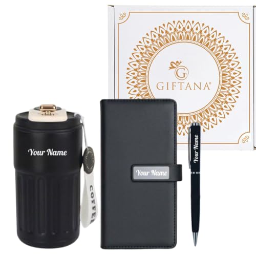 Image of Giftana Personalized Diary with Pen, Coffee Tumbler with Name, 3 in 1 Diary, Pen, Tumbler, Personalized Gifts for Husband Birthday, New Year Corporate Gifts for Employee (Black 4)