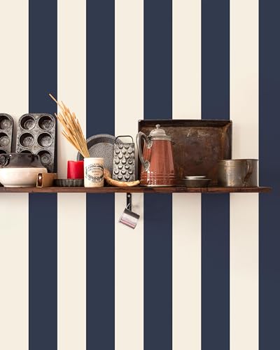 壁紙屋本舗 Stripe Peel and Stick Wallpaper, Removable Contact Paper for Walls, Cabinets & Furniture, Renter Friendly Repositionable, Navy 9in x 19.7ft, Made in Japan, EASYWALLTAPE EWT48