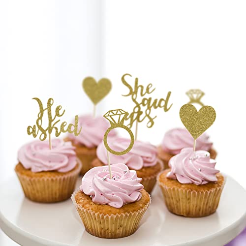Hidori 24 Pcs He Asked She Said Yes Cupcake Toppers For Engagement Party, Gold Glitter Bridal Shower Decorations With Heart Diamond Ring, Bachelorette Food Picks (W-A6/ Gold) #TOP3