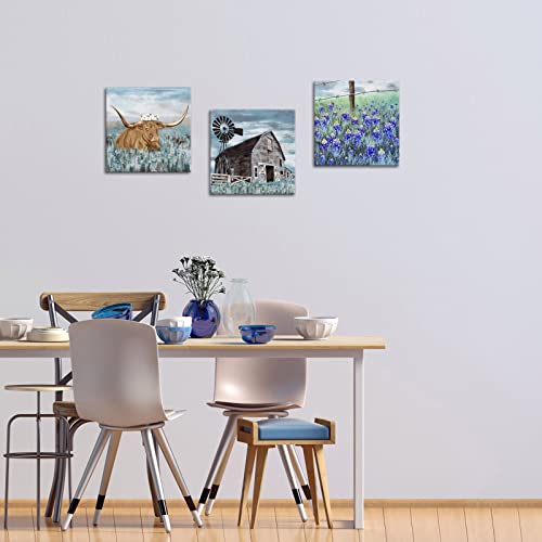 Conipit Country Canvas Wall Art Farm Landscape Paintings Barns Windmills Bluebonnets Longhorn Picture Texas Art Wall Decor Framed Farmhouse Artwork For Living Room Home Decor 12"X12"X3Pcs #TOP4