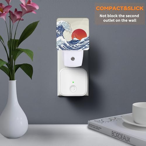 Image of Great Japanese Wave Night Lights Plug into WallRed Sun Decorative Night Light Dusk to Dawn LED Lamp for Bedroom Bathroom Living Room