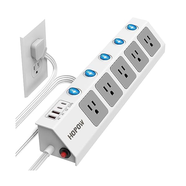 HOPOW Flat Plug Power Strip with Individual Switches, 10 Ft Ultra Thin Flat Extension Cord, 5-Outlet Surge Protector with 2 USB-C (20W PD) & 2 USB-A, 1700 Joules, Wall Mount for Home Office, White