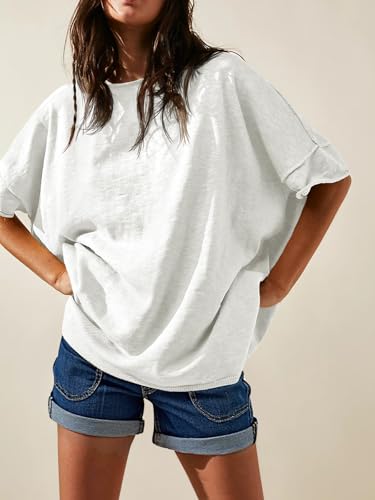 Tankaneo Women's Oversized T Shirts Casual Summer Crew Neck Loose Dropped Short Sleeve Side Slit Hem Blouse Tunic Tops2
