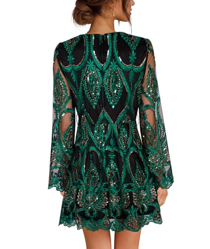 Women's Sequin Dress Long Sleeve Deep V Neck Embroidery Event Party Cocktail Mini Skater Dresses4