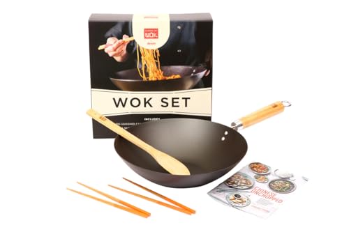 School of Wok - Juego de regalo, wok pre-sazonado de 30 cm, con espátula, palillos y folleto de...