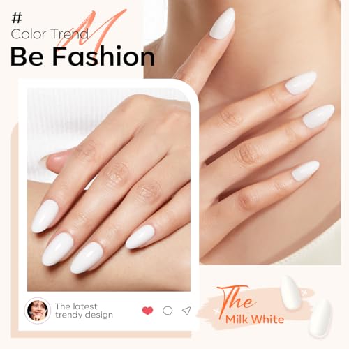 Modelones Milky White Press on Nails Almond, Summer Short Fake Nails, Reusable Nail Kit with Nail Glue Adhesive Tabs Mini Nail File, Nails Press Ons 32Pcs 16 Sizes, Women Girl Gift
